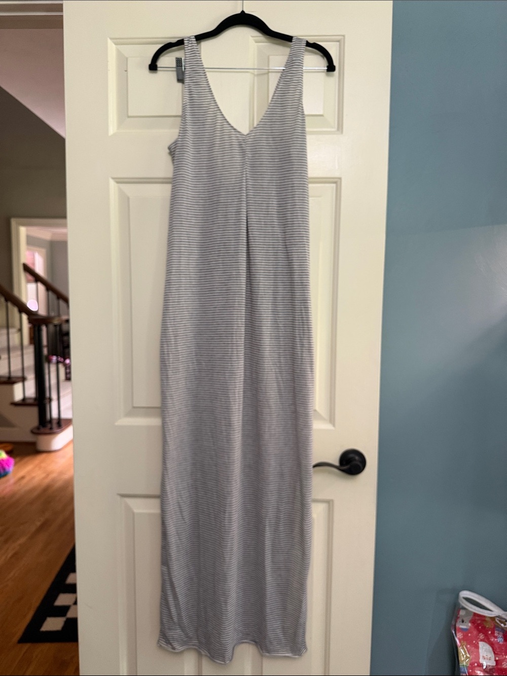 Striped V-Neck Gray & White Maxi Dress